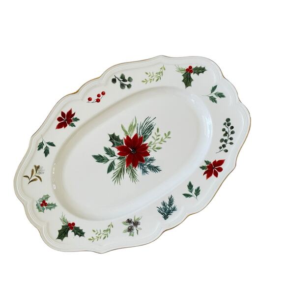 Grace Teaware Poinsettia & Holly Porcelain Oval Serving Tray Christmas New - Picture 2 of 14